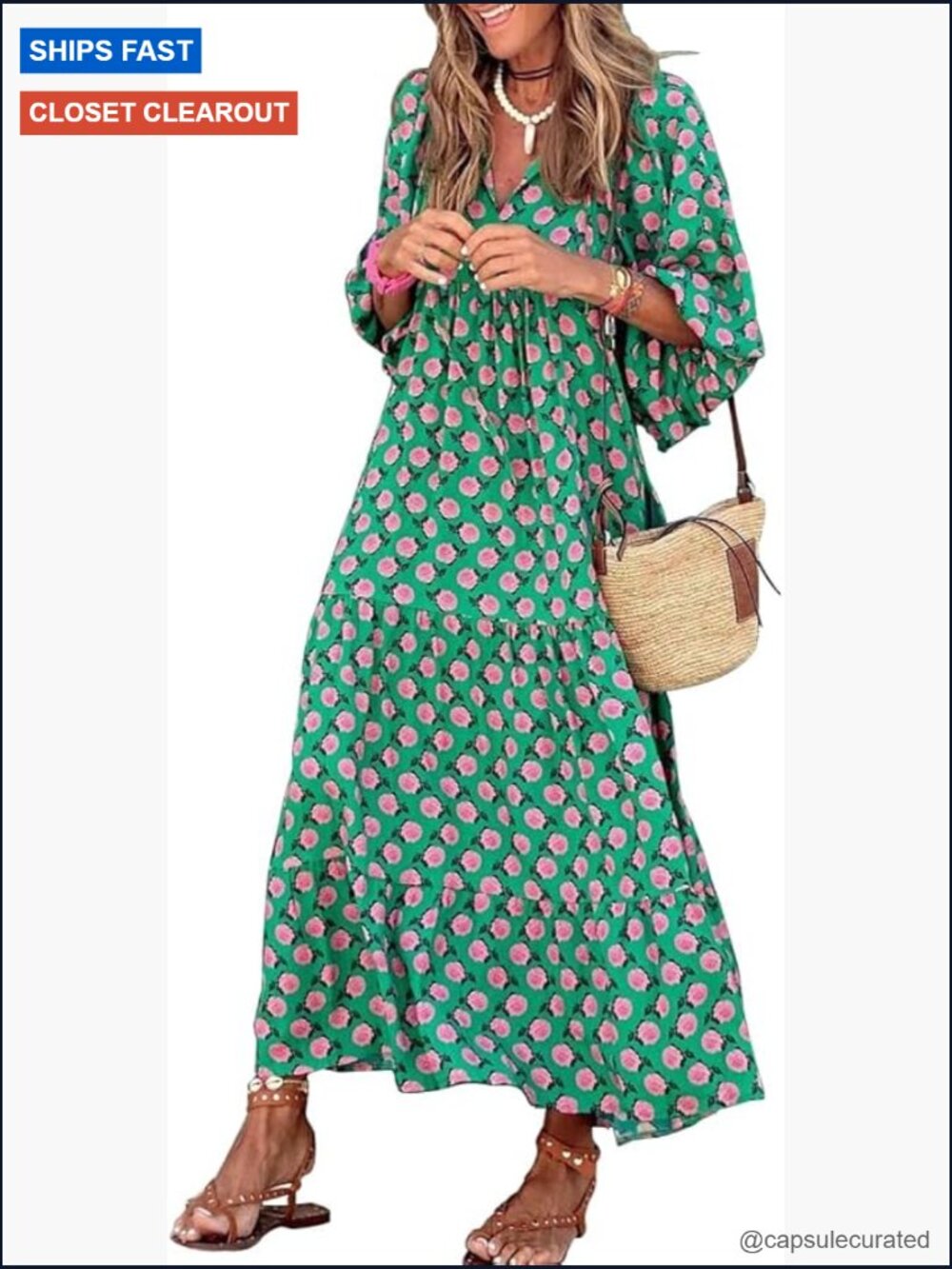 Loose Fit V-Neck Half Sleeve Bohemian Maxi Dress Geometric Pattern